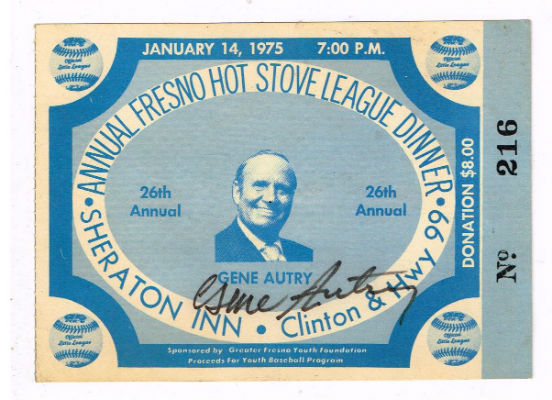 Image for Gene Autry's autograph on a dinner ticket 1966