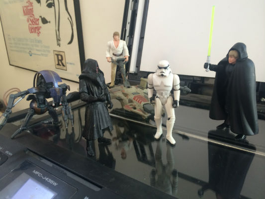 Image for 5 Star Wars action figures. The story so far.....White Luke and black Luke were coming home from the poopoo platter galxy when they met Darth Maul who was so angry because they took th space kabooble without permission and Black luke said,".....