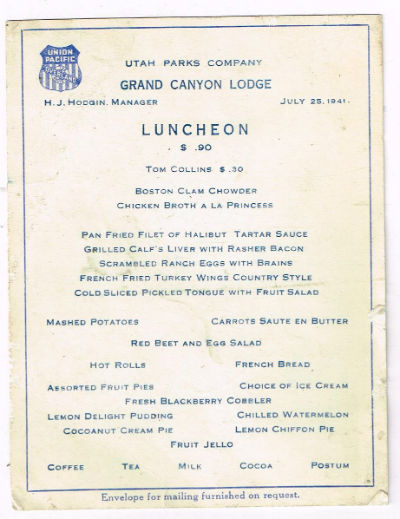 Image for Menu From Grand canyon Lodge