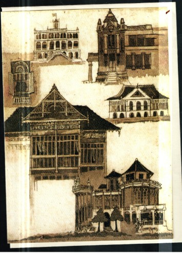 Card depicting old buildings of Thailand by Nancy Chandler.