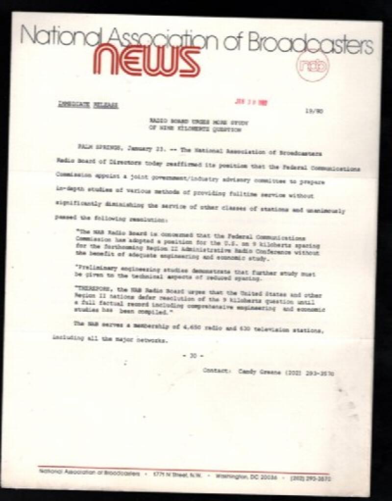 Image for National Association of  Broadcasters : Ja,  30 1980 1 pages typed.