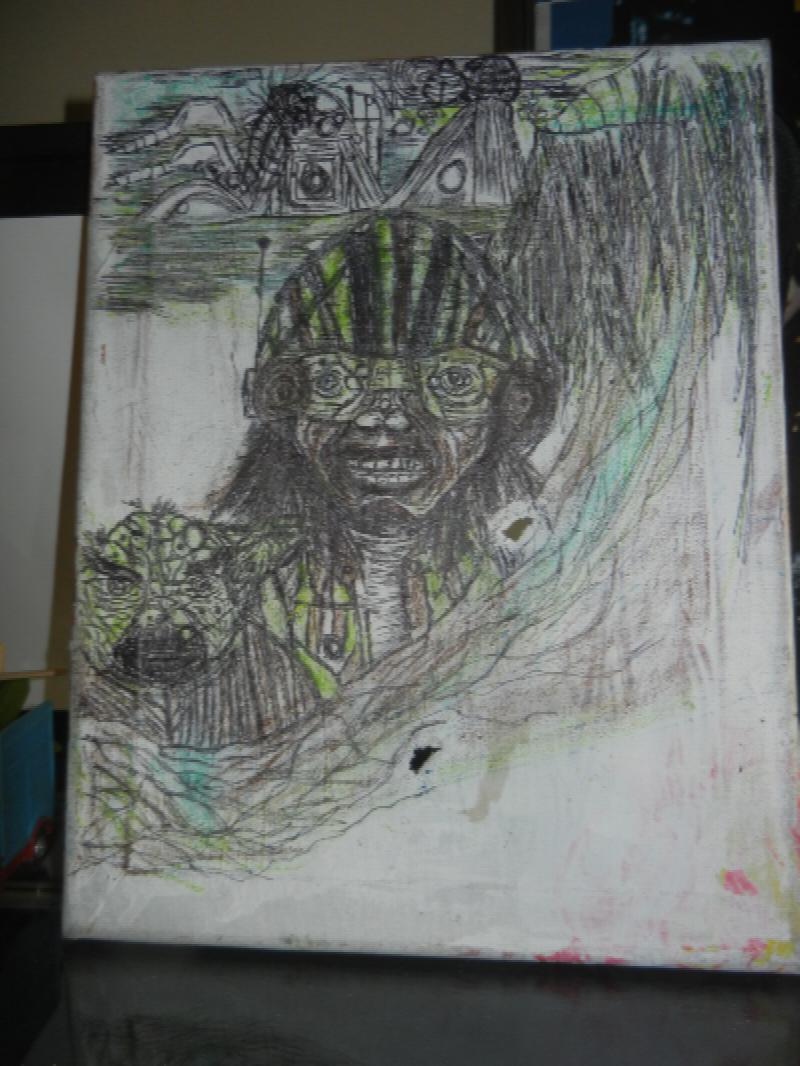 Image for Jamal's  Star Wars etching in pen on found canvas