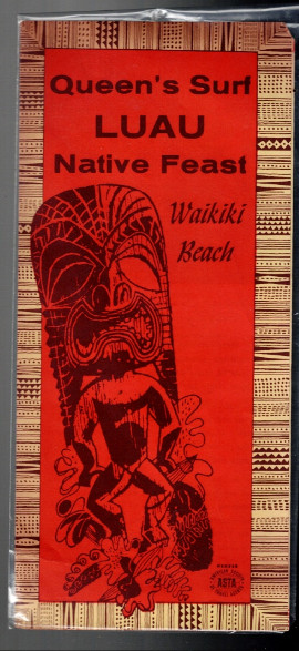 Queens Surf Luau Native Feast Brochure TIKI Bar Nona Mahi Beamer HULA Vtg 50s
